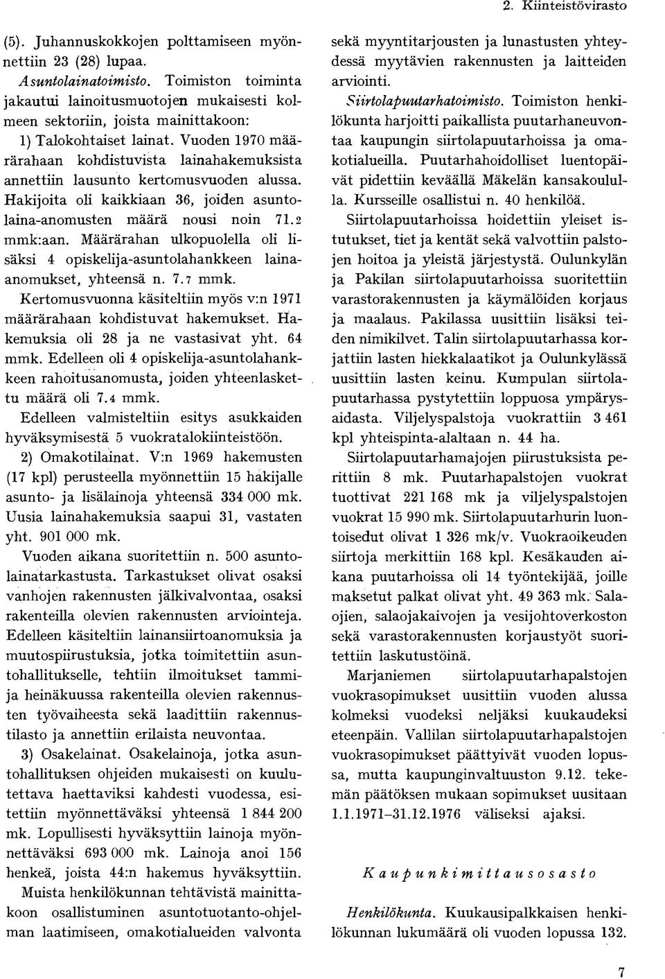 Vuoden 1970 määrärahaan kohdistuvista lainahakemuksista annettiin lausunto kertomusvuoden alussa. Hakijoita oli kaikkiaan 36, joiden asuntolaina-anomusten määrä nousi noin 71.2 mmk:aan.