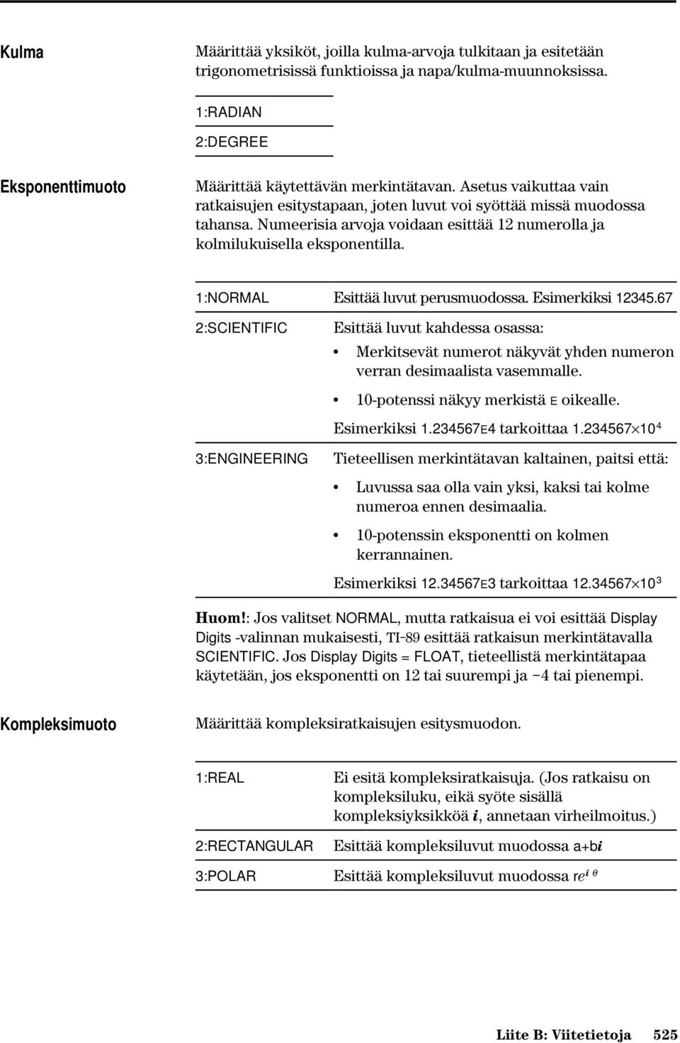 1:NORMAL Esittää luvut perusmuodossa. Esimerkiksi 12345.67 2:SCIENTIFIC Esittää luvut kahdessa osassa: Merkitsevät numerot näkyvät yhden numeron verran desimaalista vasemmalle.