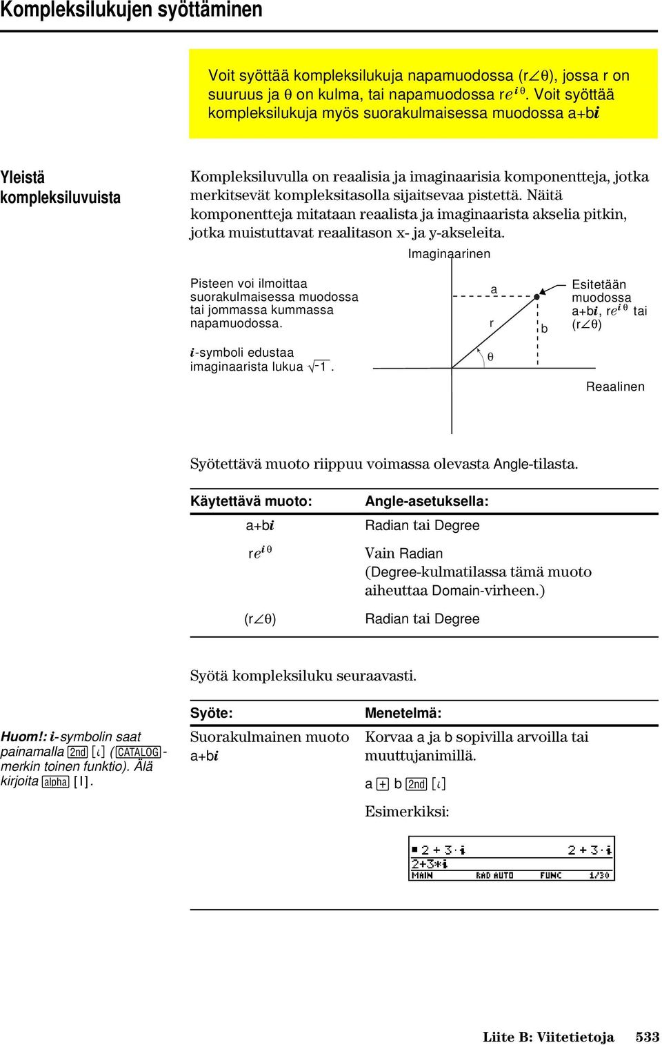 pistettä. Näitä komponentteja mitataan reaalista ja imaginaarista akselia pitkin, jotka muistuttavat reaalitason x- ja y-akseleita.