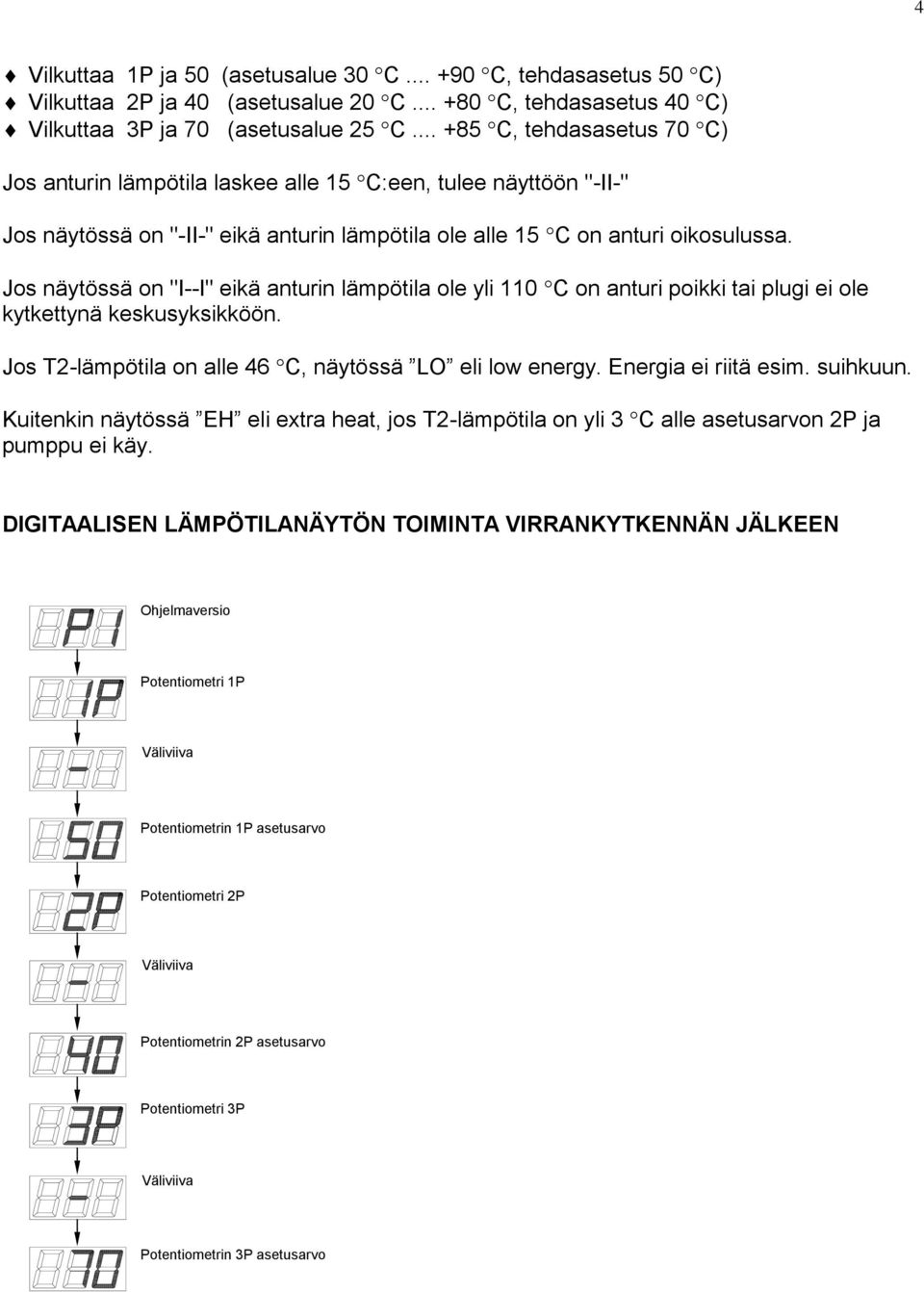 Jos näytössä on "I--I" eikä anturin lämpötila ole yli 110 on anturi poikki tai plugi ei ole kytkettynä keskusyksikköön. Jos T2-lämpötila on alle 46, näytössä LO eli low energy. Energia ei riitä esim.