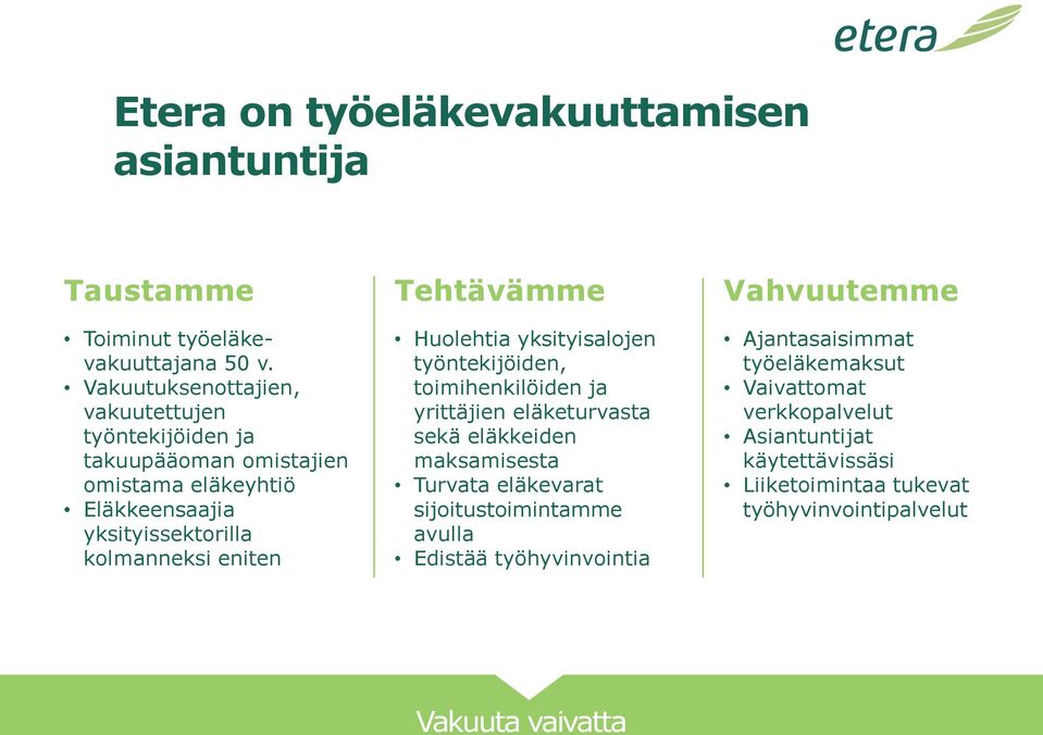 eniten Tehtävämme Huolehtia yksityisalojen työntekijöiden, toimihenkilöiden ja yrittäjien eläketurvasta sekä eläkkeiden maksamisesta Turvata