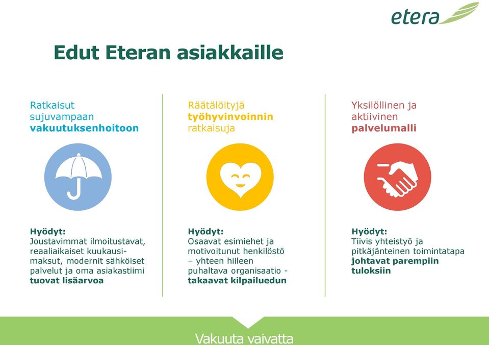 palvelut ja oma asiakastiimi tuovat lisäarvoa Hyödyt: Osaavat esimiehet ja motivoitunut henkilöstö yhteen hiileen