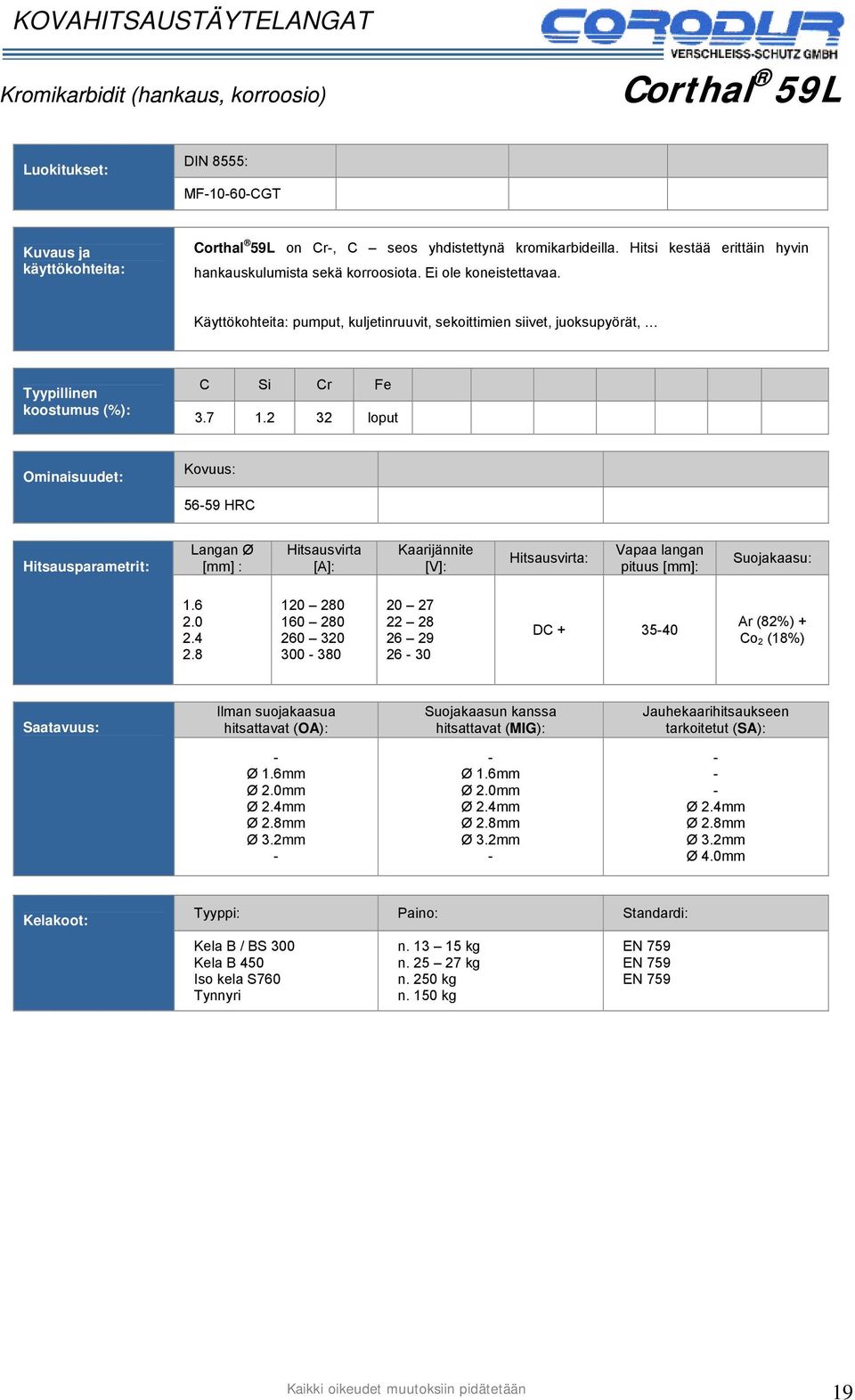 Käyttökohteita: pumput, kuljetinruuvit, sekoittimien siivet, juoksupyörät, C Si Cr Fe 3.7 1.2 32 loput 5659 HRC 2.0 2.