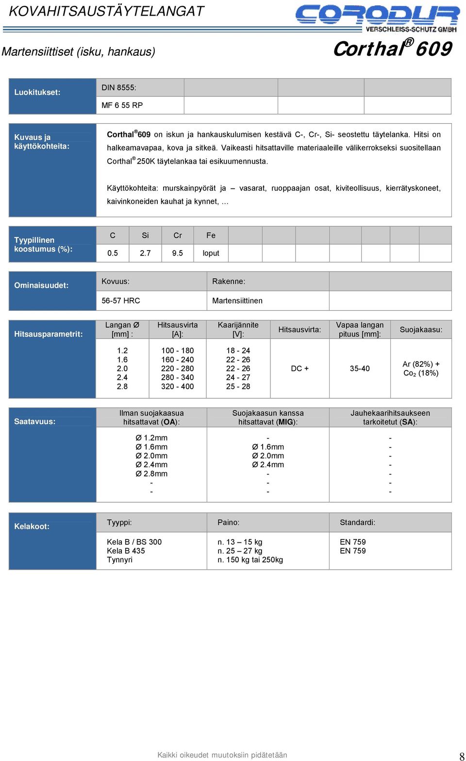 Käyttökohteita: murskainpyörät ja vasarat, ruoppaajan osat, kiviteollisuus, kierrätyskoneet, kaivinkoneiden kauhat ja kynnet, C Si Cr Fe 0.5 2.7 9.