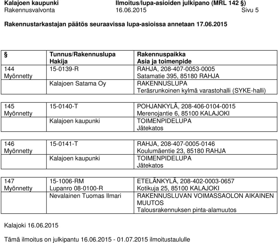 15-0140-T POHJANKYLÄ, 208-406-0104-0015 Merenojantie 6, 85100 KALAJOKI Jätekatos 15-0141-T RAHJA, 208-407-0005-0146 Koulumäentie 23, 85180 RAHJA