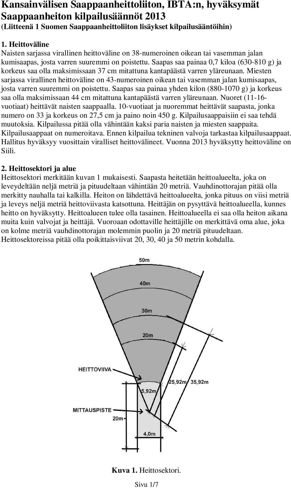 Saapas saa painaa 0,7 kiloa (630-810 g) ja korkeus saa olla maksimissaan 37 cm mitattuna kantapäästä varren yläreunaan.