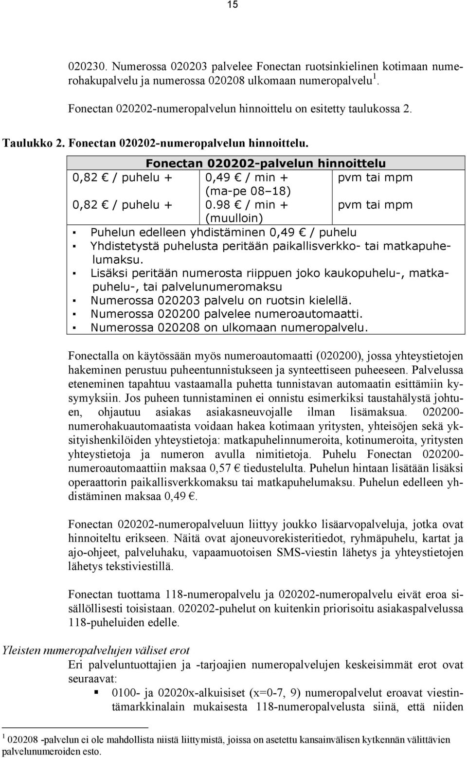 Fonectan 020202-palvelun hinnoittelu 0,82 / puhelu + 0,82 / puhelu + 0,49 / min + (ma-pe 08 18) 0.