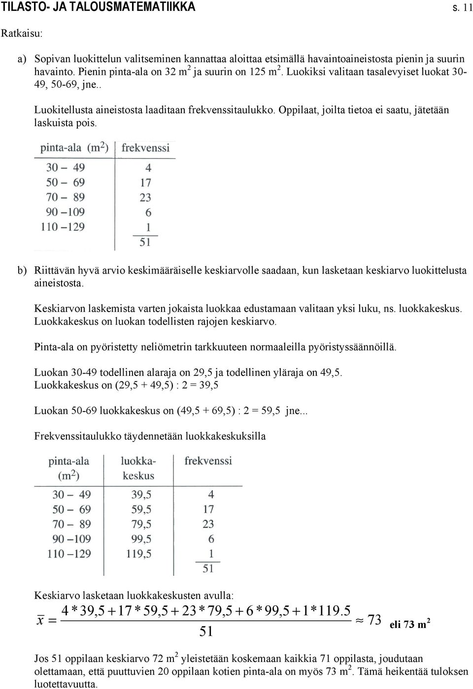 Oppilaat, joilta tietoa ei saatu, jätetään laskuista pois. b) Riittävän hyvä arvio keskimääräiselle keskiarvolle saadaan, kun lasketaan keskiarvo luokittelusta aineistosta.