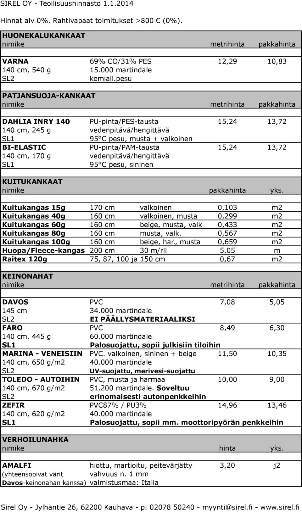 PU-pinta/PAM-tausta 15,24 13,72 140 cm, 170 g vedenpitävä/hengittävä SL1 95 C pesu, sininen KUITUKANKAAT nimike pakkahinta yks.