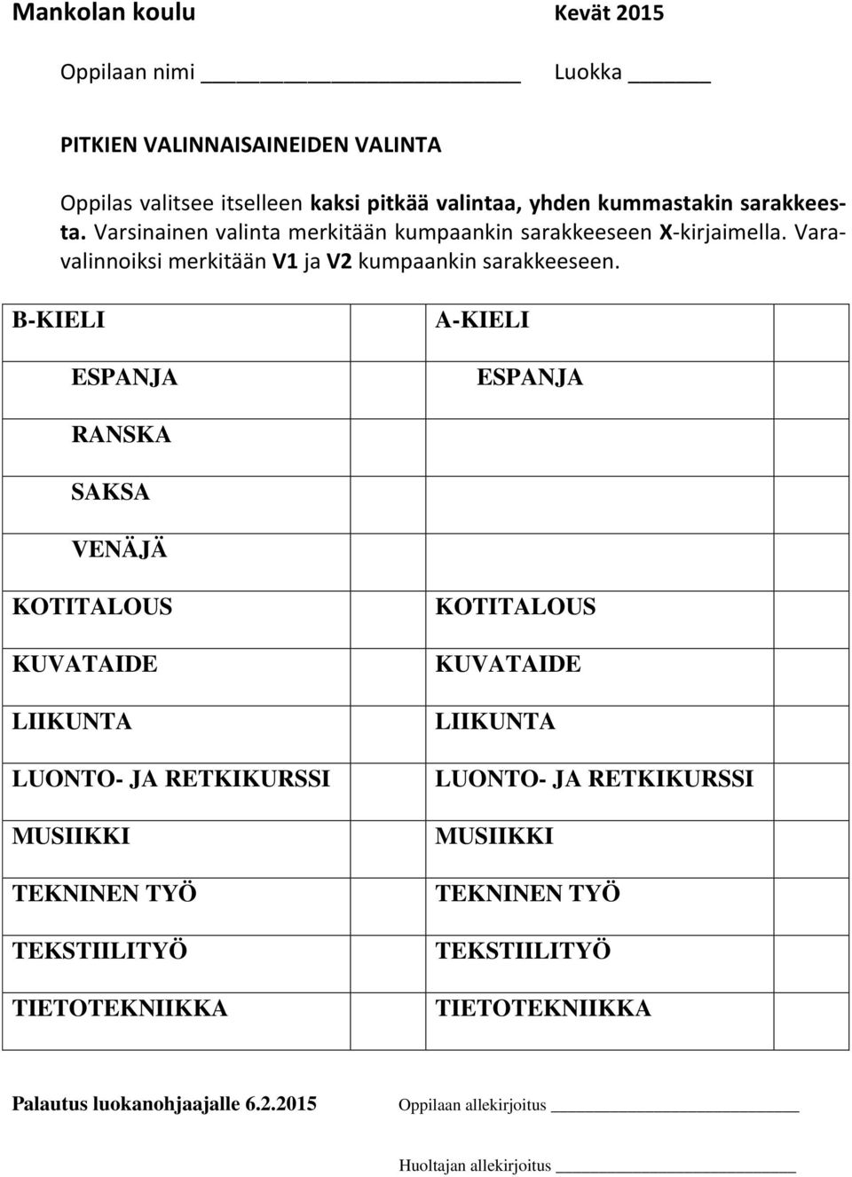 B-KIELI ESPANJA A-KIELI ESPANJA RANSKA SAKSA VENÄJÄ KOTITALOUS KUVATAIDE LIIKUNTA LUONTO- JA RETKIKURSSI MUSIIKKI TEKNINEN TYÖ TEKSTIILITYÖ TIETOTEKNIIKKA