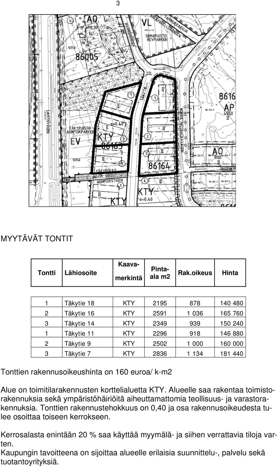 7 KTY 2836 1 134 181 440 Tonttien rakennusoikeushinta on 160 euroa/ k-m2 Alue on toimitilarakennusten korttelialuetta KTY.