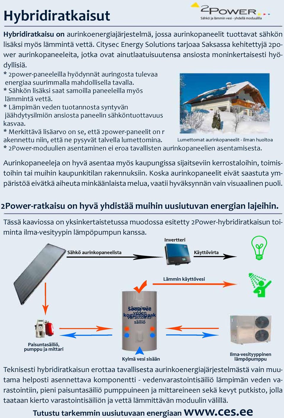 * 2power-paneeleilla hyödynnät auringosta tulevaa energiaa suurimmalla mahdollisella tavalla. * Sähkön lisäksi saat samoilla paneeleilla myös lämmintä vettä.