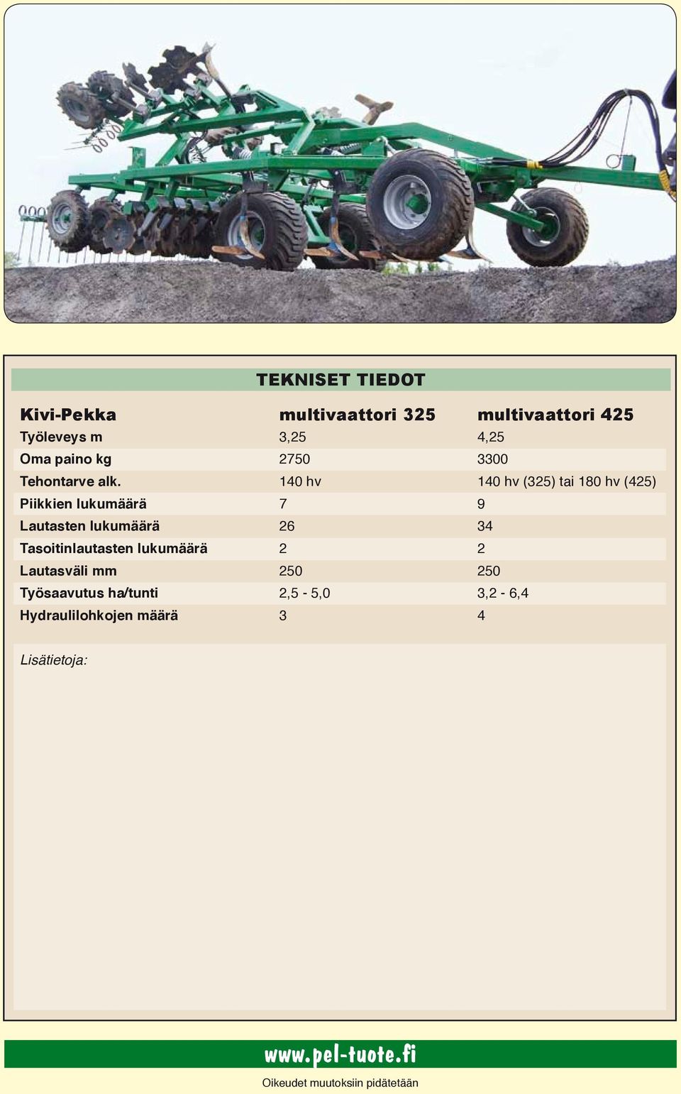 140 hv 140 hv (325) tai 180 hv (425) Piikkien lukumäärä 7 9 Lautasten lukumäärä 26 34