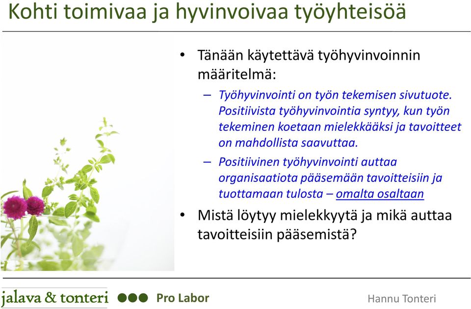 Positiivista työhyvinvointia syntyy, kun työn tekeminen koetaan mielekkääksi ja tavoitteet on mahdollista