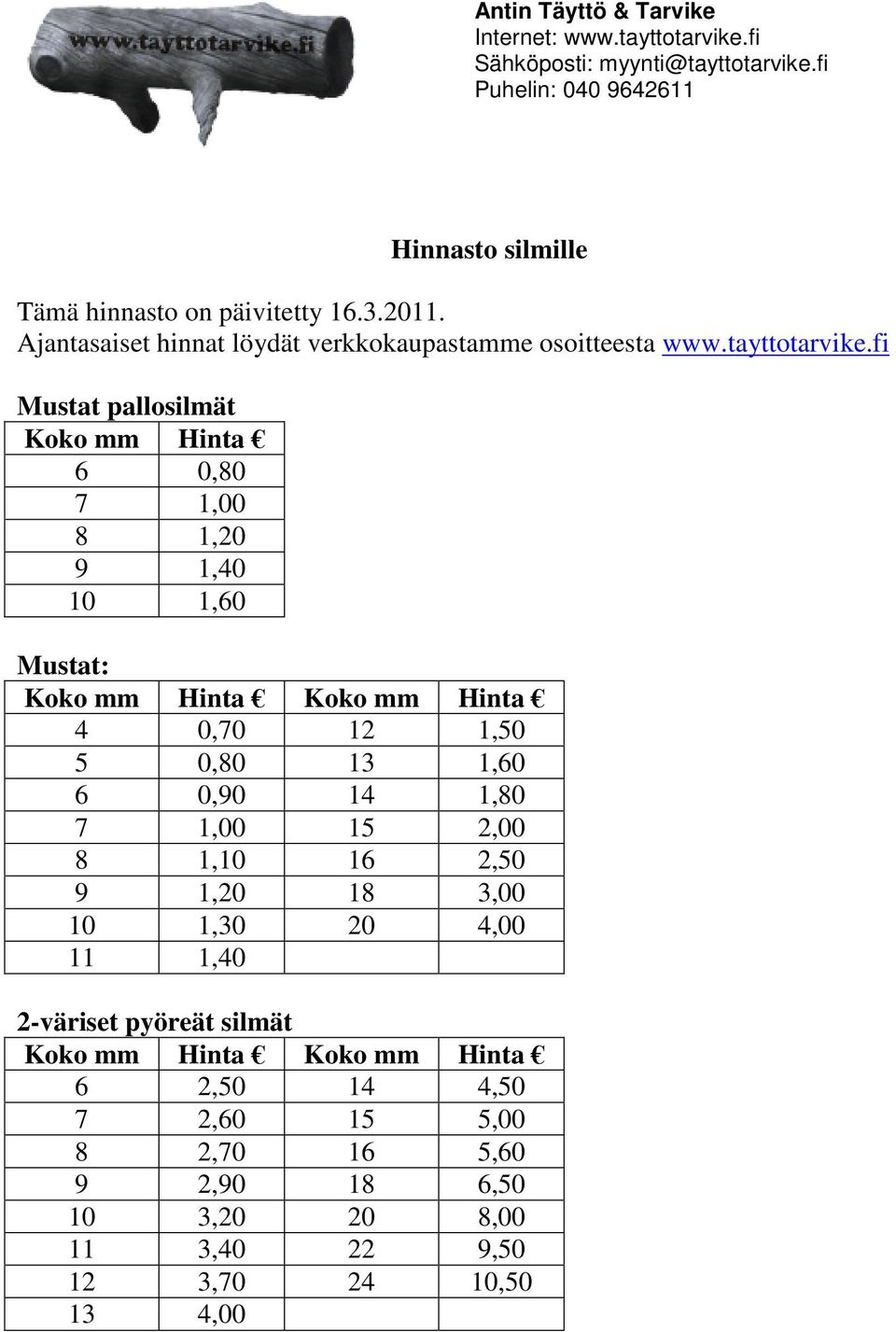 fi Mustat pallosilmät Koko mm Hinta 6 0,80 7 1,00 8 1,20 9 1,40 10 1,60 Mustat: Koko mm Hinta Koko mm Hinta 4 0,70 12 1,50 5 0,80