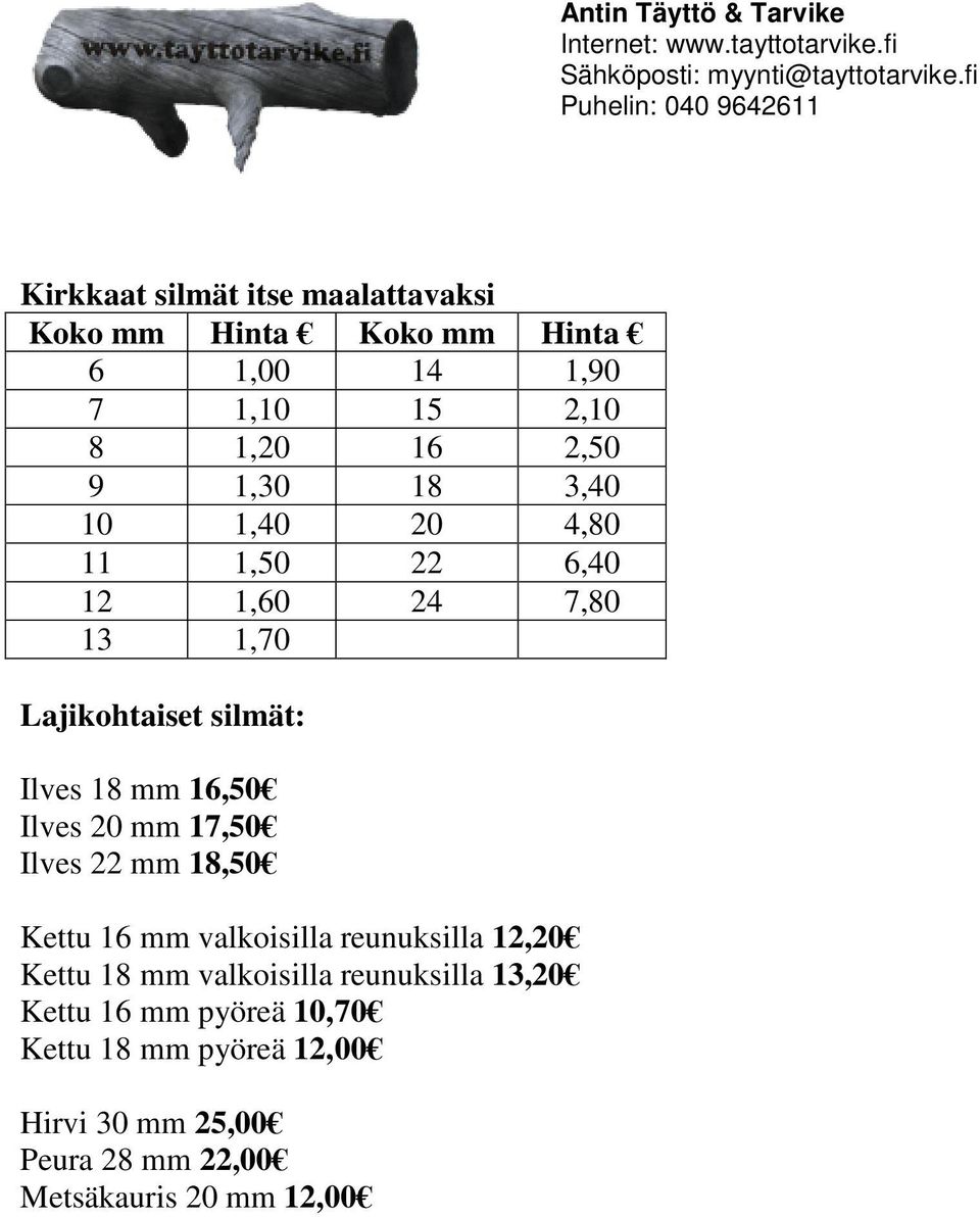 Ilves 20 mm 17,50 Ilves 22 mm 18,50 Kettu 16 mm valkoisilla reunuksilla 12,20 Kettu 18 mm valkoisilla