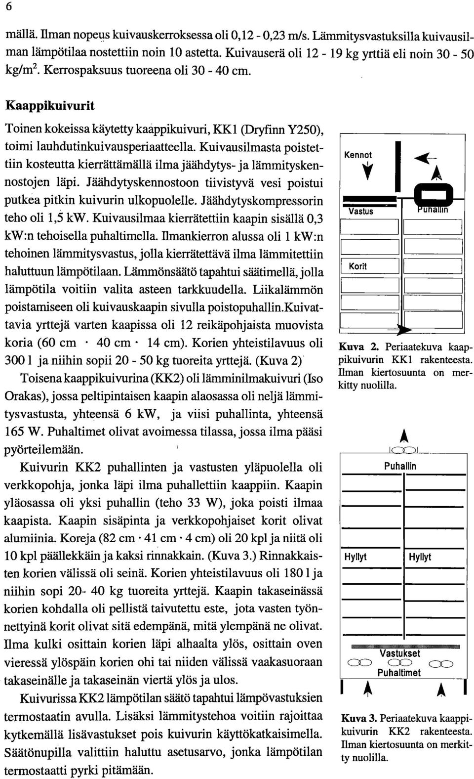 Kuivausilmasta poistettiin kosteutta kierrättämällä ilma jäähdytys- ja lämmityskennostojen läpi. Jäähdytyskennostoon tiivistyvä vesi poistui putkea pitkin kuivurin ulkopuolelle.