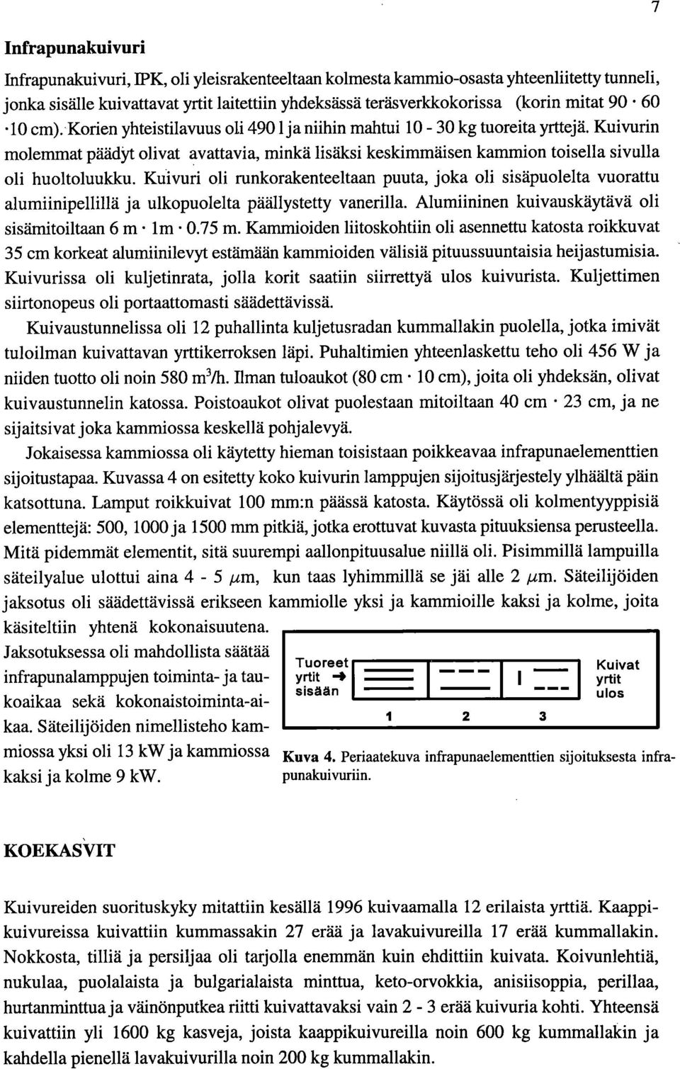 Kuivuri oli runkorakenteeltaan puuta, joka oli sisäpuolelta vuorattu alumiinipellillä ja ulkopuolelta päällystetty vanerilla. Alumiininen kuivauskäytävä oli sisämitoiltaan 6 m lm 0.75 m.