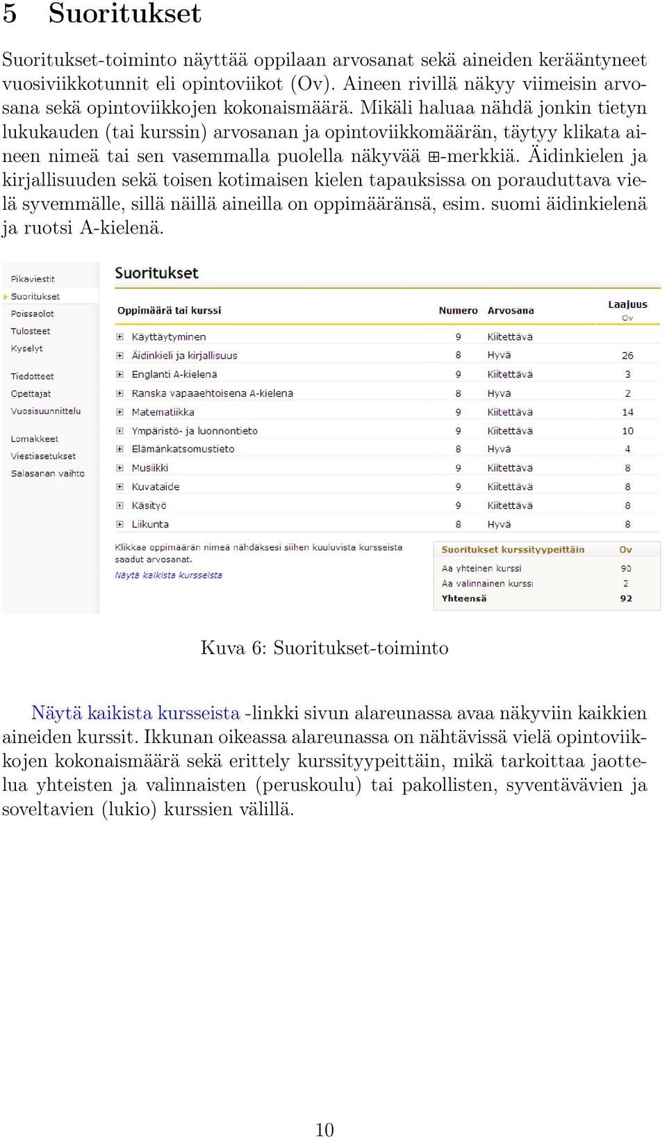 Mikäli haluaa nähdä jonkin tietyn lukukauden (tai kurssin) arvosanan ja opintoviikkomäärän, täytyy klikata aineen nimeä tai sen vasemmalla puolella näkyvää -merkkiä.