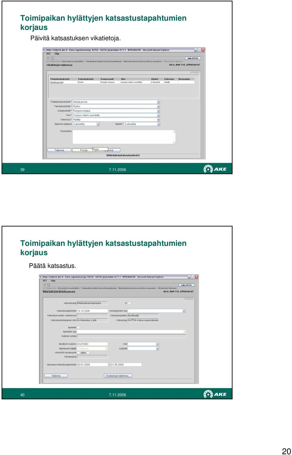 katsastuksen vikatietoja.