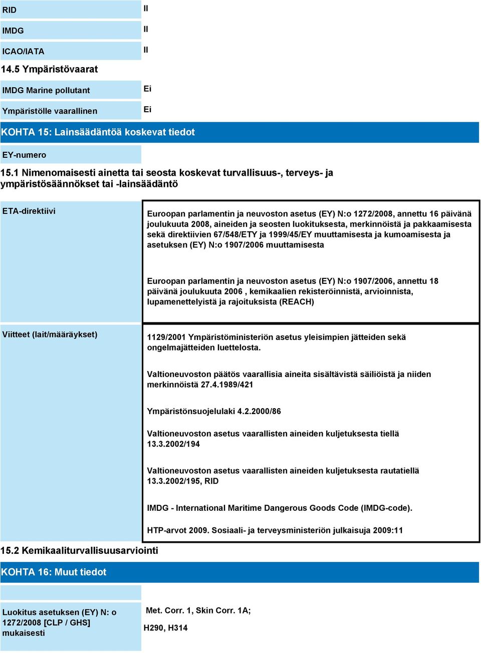 päivänä joulukuuta 2008, aineiden ja seosten luokituksesta, merkinnöistä ja pakkaamisesta sekä direktiivien 67/548/ETY ja 1999/45/EY muuttamisesta ja kumoamisesta ja asetuksen (EY) N:o 1907/2006