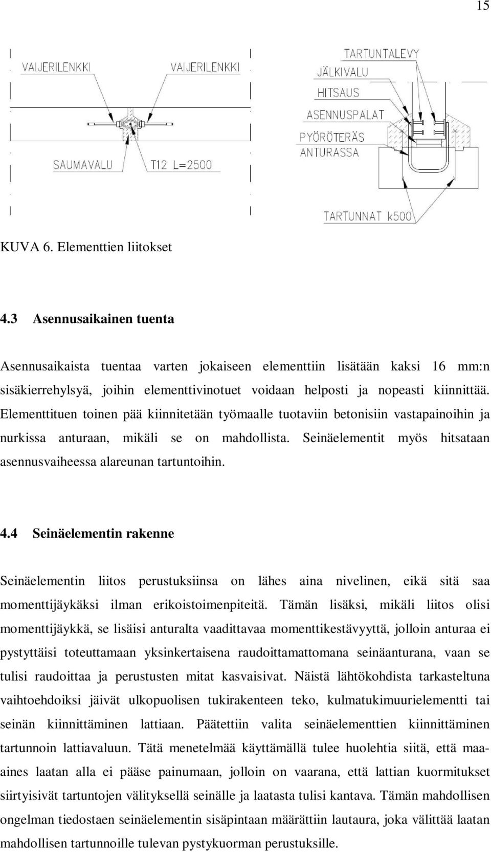 Elementtituen toinen pää kiinnitetään työmaalle tuotaviin betonisiin vastapainoihin ja nurkissa anturaan, mikäli se on mahdollista.