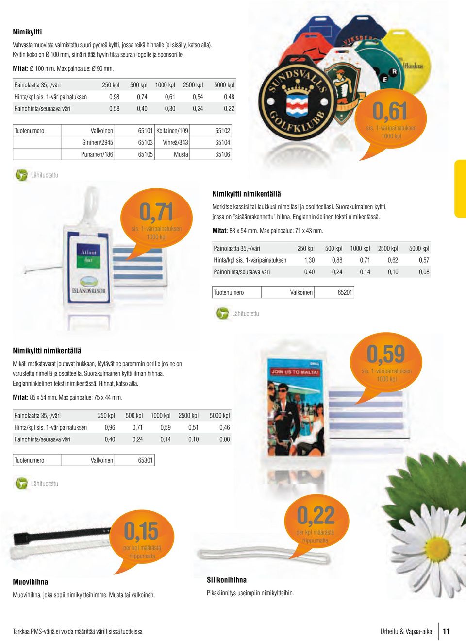 Painolaatta 35,-/väri 250 kpl 500 kpl 2500 kpl 5000 kpl Hinta/kpl 0,98 0,74 0,61 0,54 0,48 Painohinta/seuraava väri 0,58 0,40 0,30 0,24 0,22 Tuotenumero Valkoinen 65101 Keltainen/109 65102