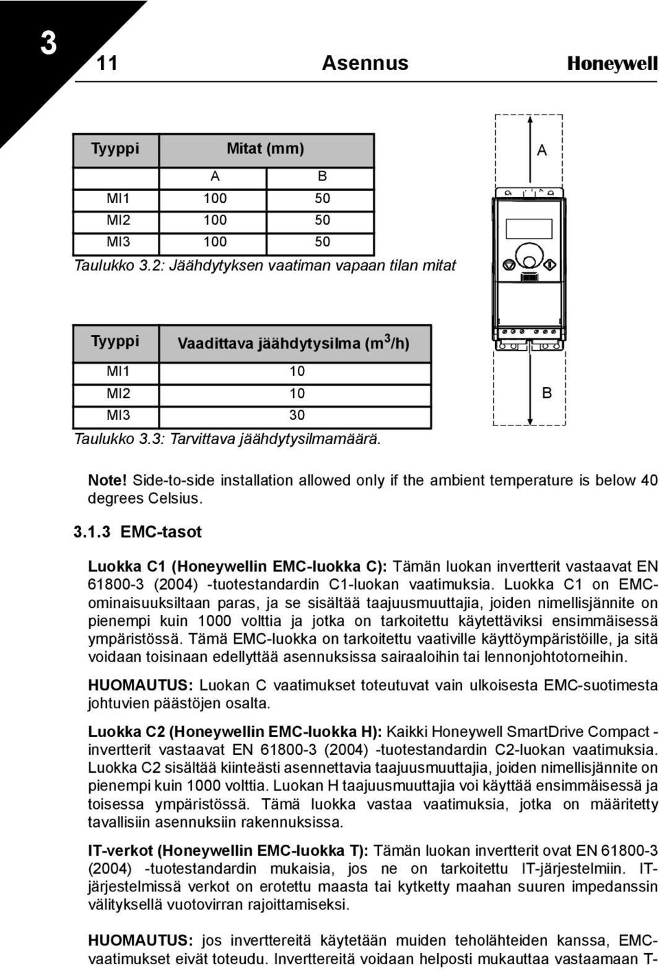 Side-to-side installation allowed only if the ambient temperature is below 40 degrees Celsius. 3.1.