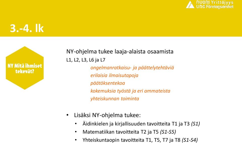 yhteiskunnan toiminta Lisäksi NY-ohjelma tukee: Äidinkielen ja kirjallisuuden tavoitteita T1 ja