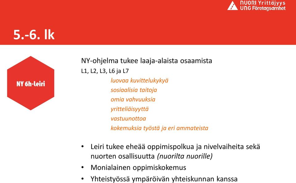 kokemuksia työstä ja eri ammateista Leiri tukee eheää oppimispolkua ja nivelvaiheita sekä