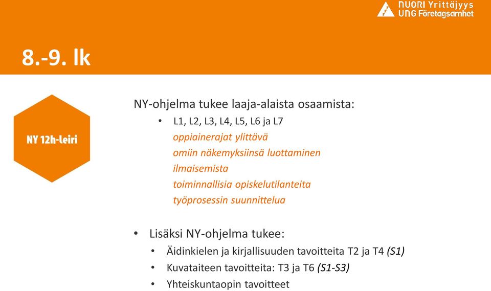 opiskelutilanteita työprosessin suunnittelua Lisäksi NY-ohjelma tukee: Äidinkielen ja