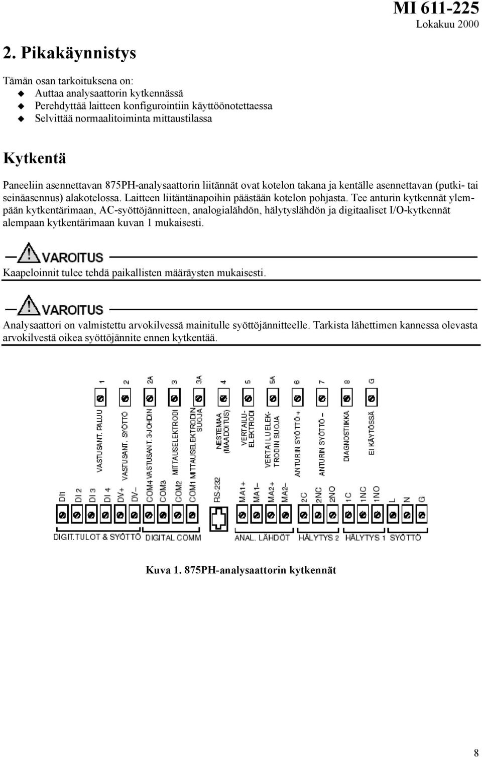 Tee anturin kytkennät ylempään kytkentärimaan, AC-syöttöjännitteen, analogialähdön, hälytyslähdön ja digitaaliset I/O-kytkennät alempaan kytkentärimaan kuvan 1 mukaisesti.