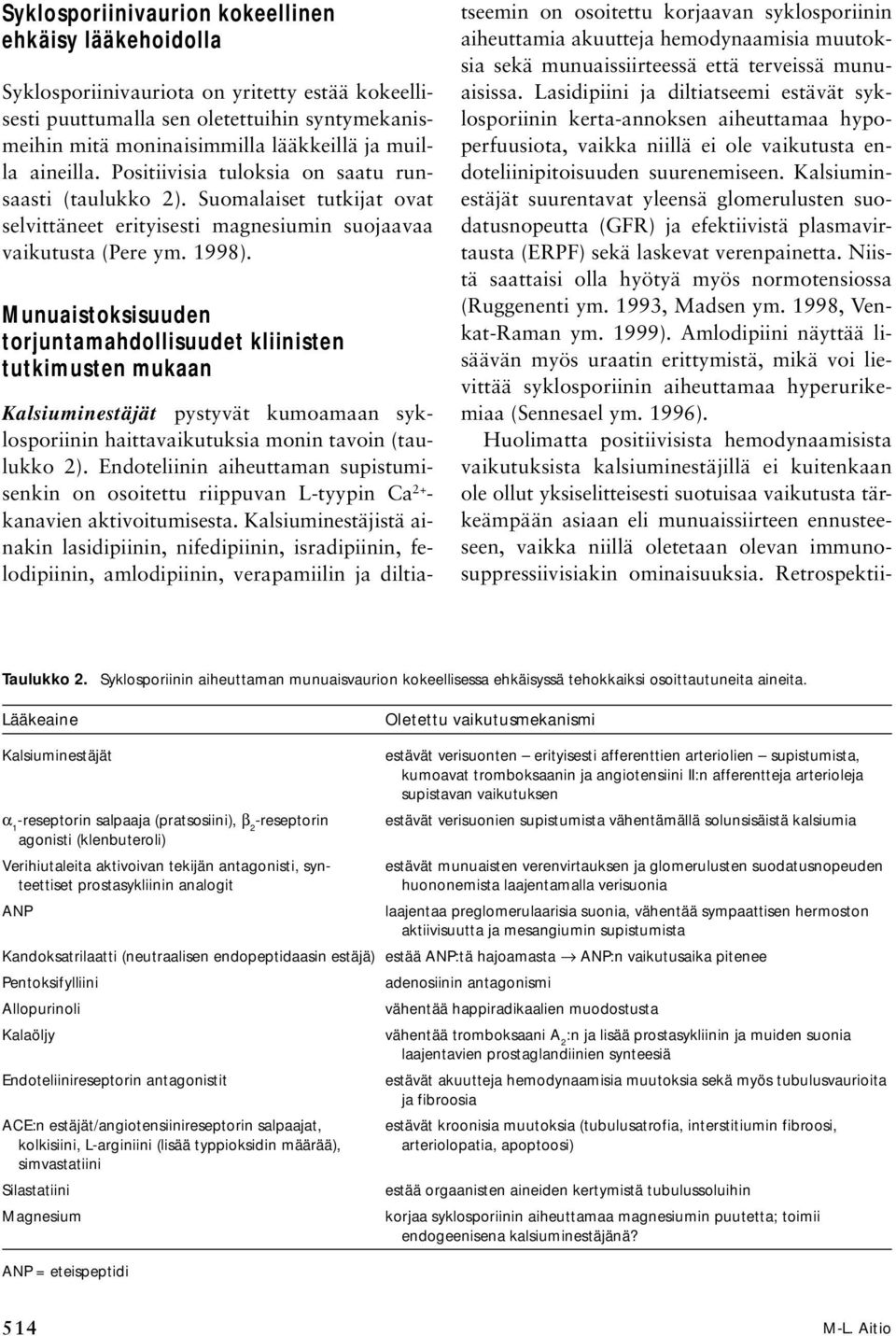 Munuaistoksisuuden torjuntamahdollisuudet kliinisten tutkimusten mukaan Kalsiuminestäjät pystyvät kumoamaan syklosporiinin haittavaikutuksia monin tavoin (taulukko 2).