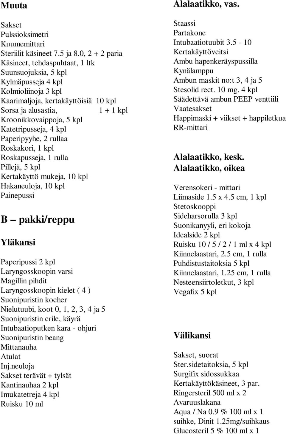 Katetripusseja, 4 kpl Paperipyyhe, 2 rullaa Roskakori, 1 kpl Roskapusseja, 1 rulla Pillejä, 5 kpl Kertakäyttö mukeja, 10 kpl Hakaneuloja, 10 kpl Painepussi B pakki/reppu Yläkansi Paperipussi 2 kpl