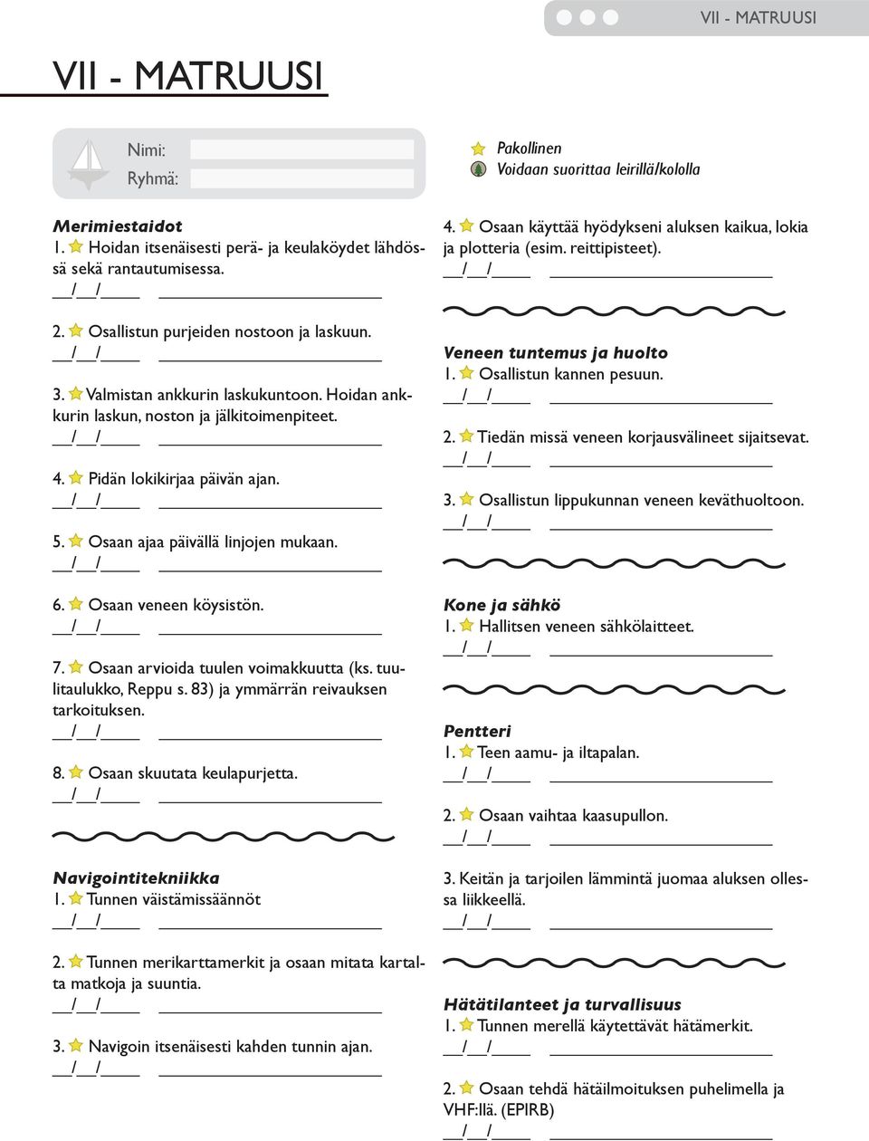 Osaan arvioida tuulen voimakkuutta (ks. tuulitaulukko, Reppu s. 83) ja ymmärrän reivauksen tarkoituksen. 8. Osaan skuutata keulapurjetta. Navigointitekniikka 1. Tunnen väistämissäännöt 2.
