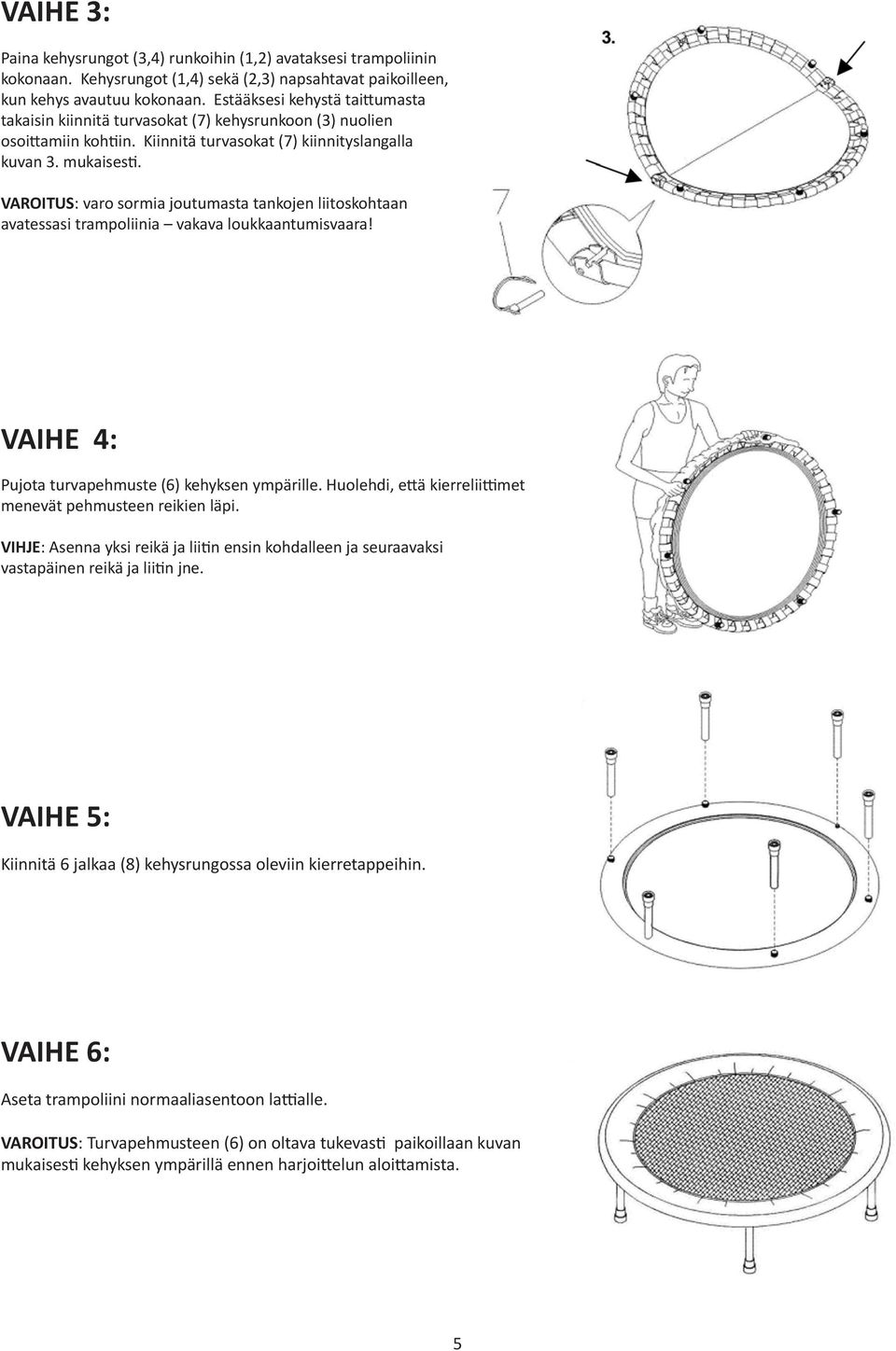 VAROITUS: varo sormia joutumasta tankojen liitoskohtaan avatessasi trampoliinia vakava loukkaantumisvaara! VAIHE 4: Pujota turvapehmuste (6) kehyksen ympärille.