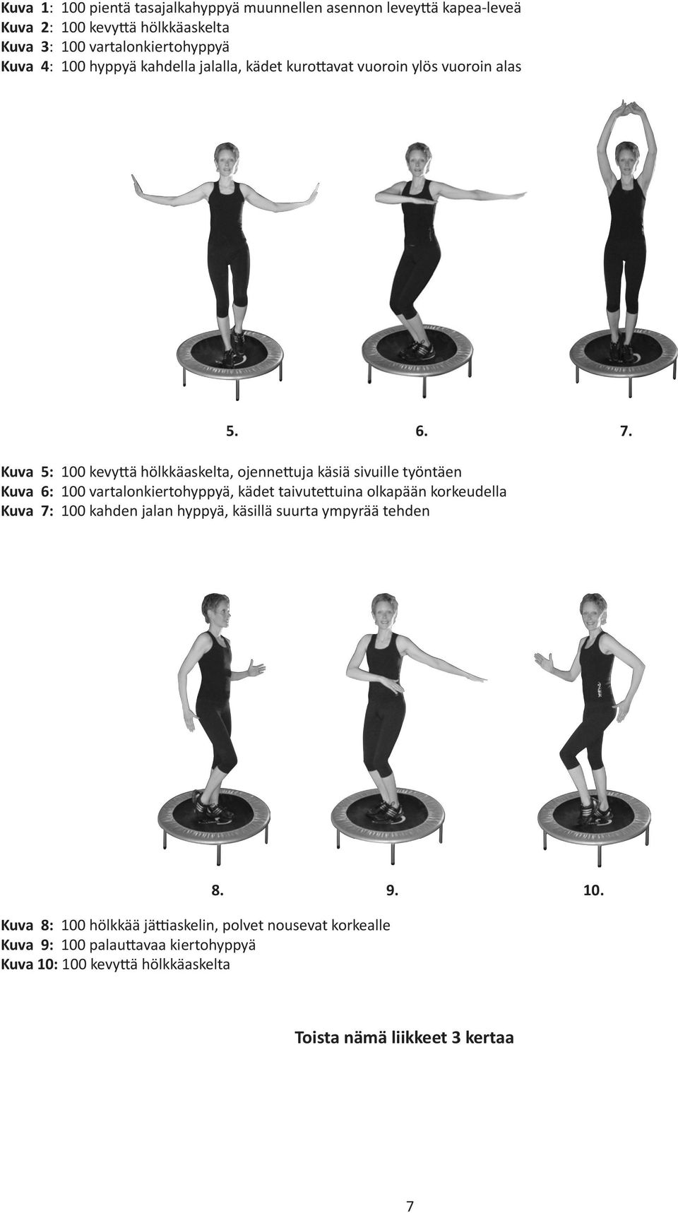 Kuva 5: 100 kevyttä hölkkäaskelta, ojennettuja käsiä sivuille työntäen Kuva 6: 100 vartalonkiertohyppyä, kädet taivutettuina olkapään korkeudella Kuva 7: