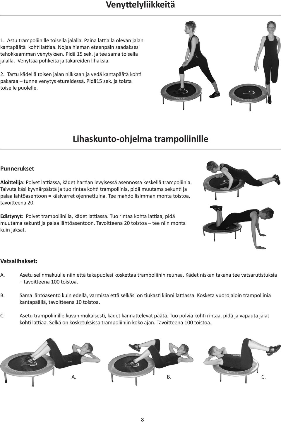 ja toista toiselle puolelle. Lihaskunto-ohjelma trampoliinille Punnerukset Aloittelija: Polvet lattiassa, kädet hartian levyisessä asennossa keskellä trampoliinia.