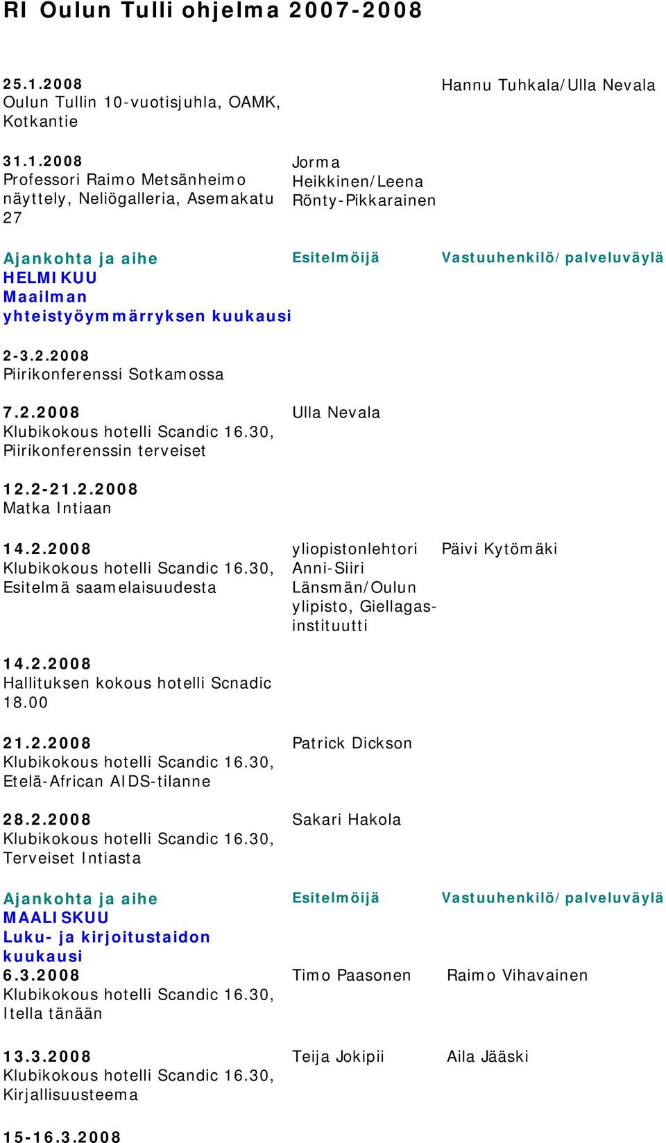 2.2008 Hallituksen kokous hotelli Scnadic 18.00 21.2.2008 16.30, Etelä-African AIDS-tilanne 28.2.2008 16.30, Terveiset Intiasta MAALISKUU Luku- ja kirjoitustaidon kuukausi 6.3.2008 16.30, Itella tänään 13.