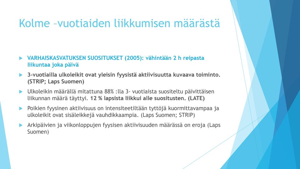 (STRIP; Laps Suomen) Ulkoleikin määrällä mitattuna 88% :lla 3- vuotiaista suositeltu päivittäisen liikunnan määrä täyttyi.