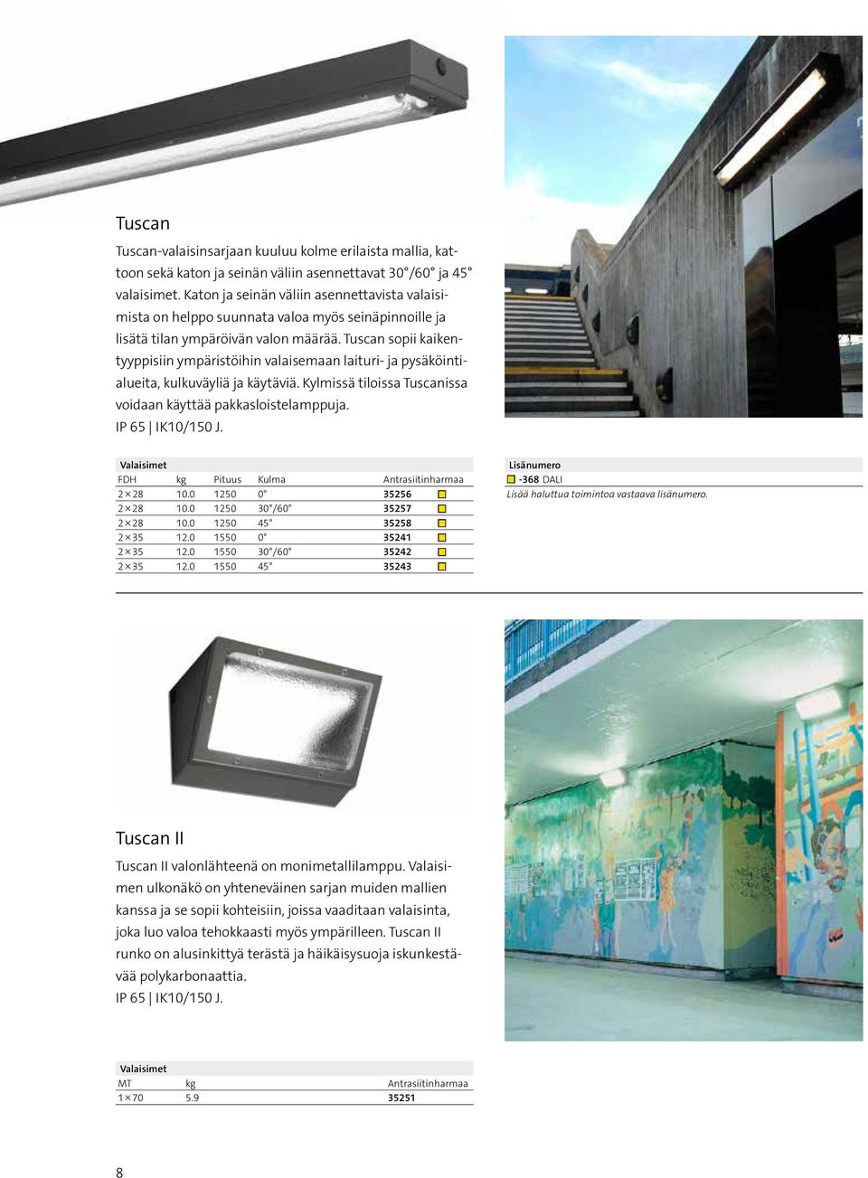 Tuscan sopii kaikentyyppisiin ympäristöihin valaisemaan laituri- ja pysäköintialueita, kulkuväyliä ja käytäviä. Kylmissä tiloissa Tuscanissa voidaan käyttää pakkasloistelamppuja. IP 65 IK10/150 J.