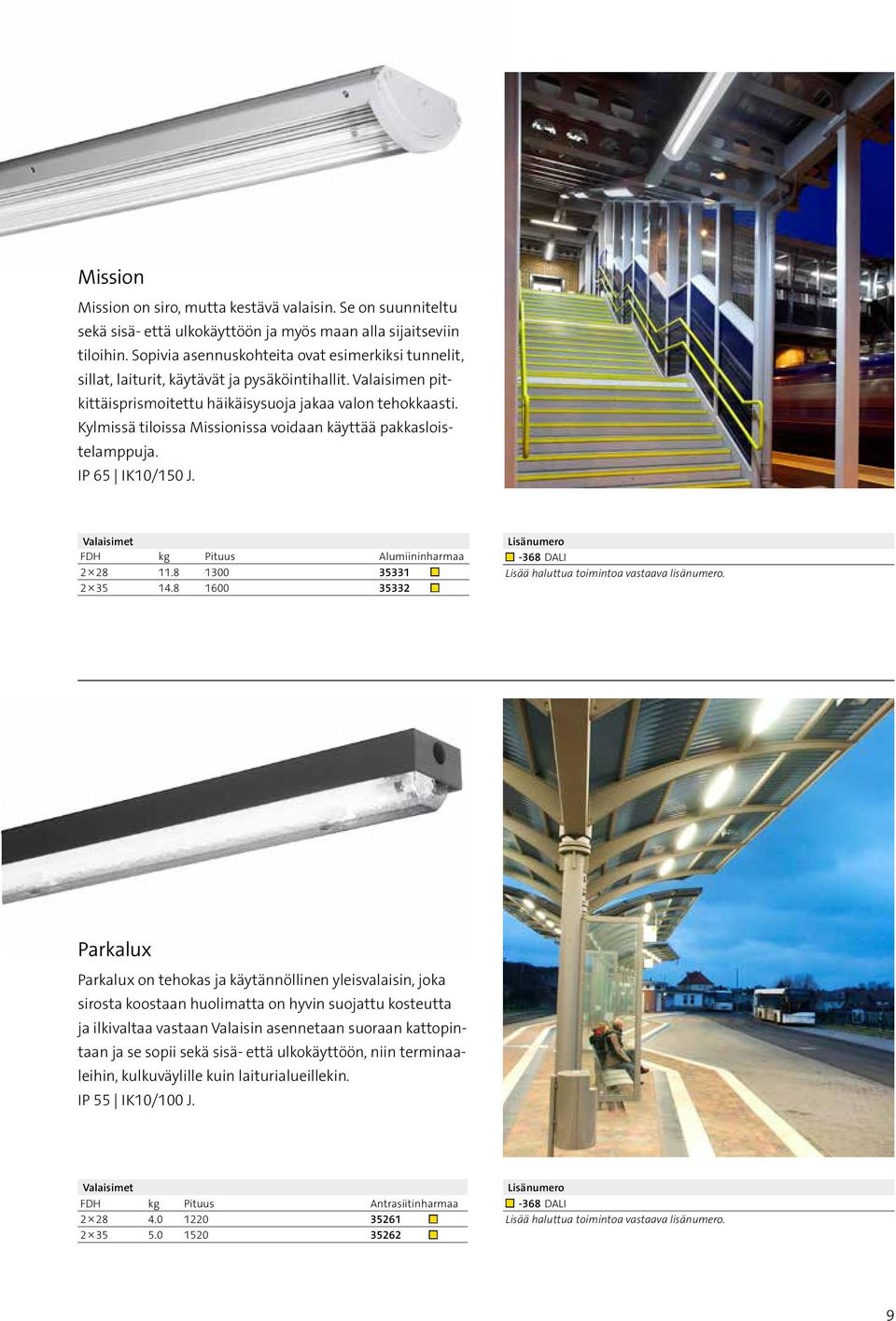 Kylmissä tiloissa Missionissa voidaan käyttää pakkasloistelamppuja. IP 65 IK10/150 J. FDH kg Pituus Alumiininharmaa 2 28 11.8 1300 35331 2 35 14.