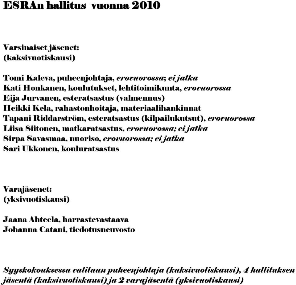 Siitonen, matkaratsastus, erovuorossa; ei jatka Sirpa Savasmaa, nuoriso, erovuorossa; ei jatka Sari Ukkonen, kouluratsastus Varajäsenet: (yksivuotiskausi) Jaana Ahteela,