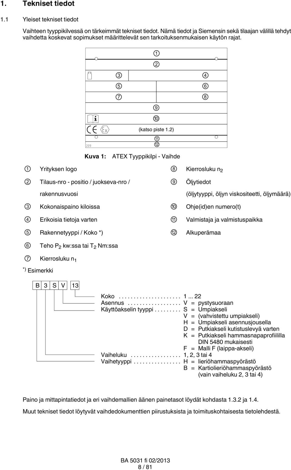 2) 11 12 4 6 8 Kuva 1: ATEX Tyyppikilpi - Vaihde 1 Yrityksen logo 8 Kierrosluku n 2 2 Tilaus-nro - positio / juokseva-nro / 9 Öljytiedot rakennusvuosi (öljytyyppi, öljyn viskositeetti, öljymäärä) 3