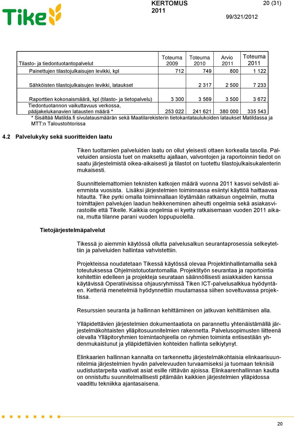 fi sivulatausmäärän sekä Maatilarekisterin tietokantataulukoiden lataukset Matildassa ja MTT:n Taloustohtorissa 4.