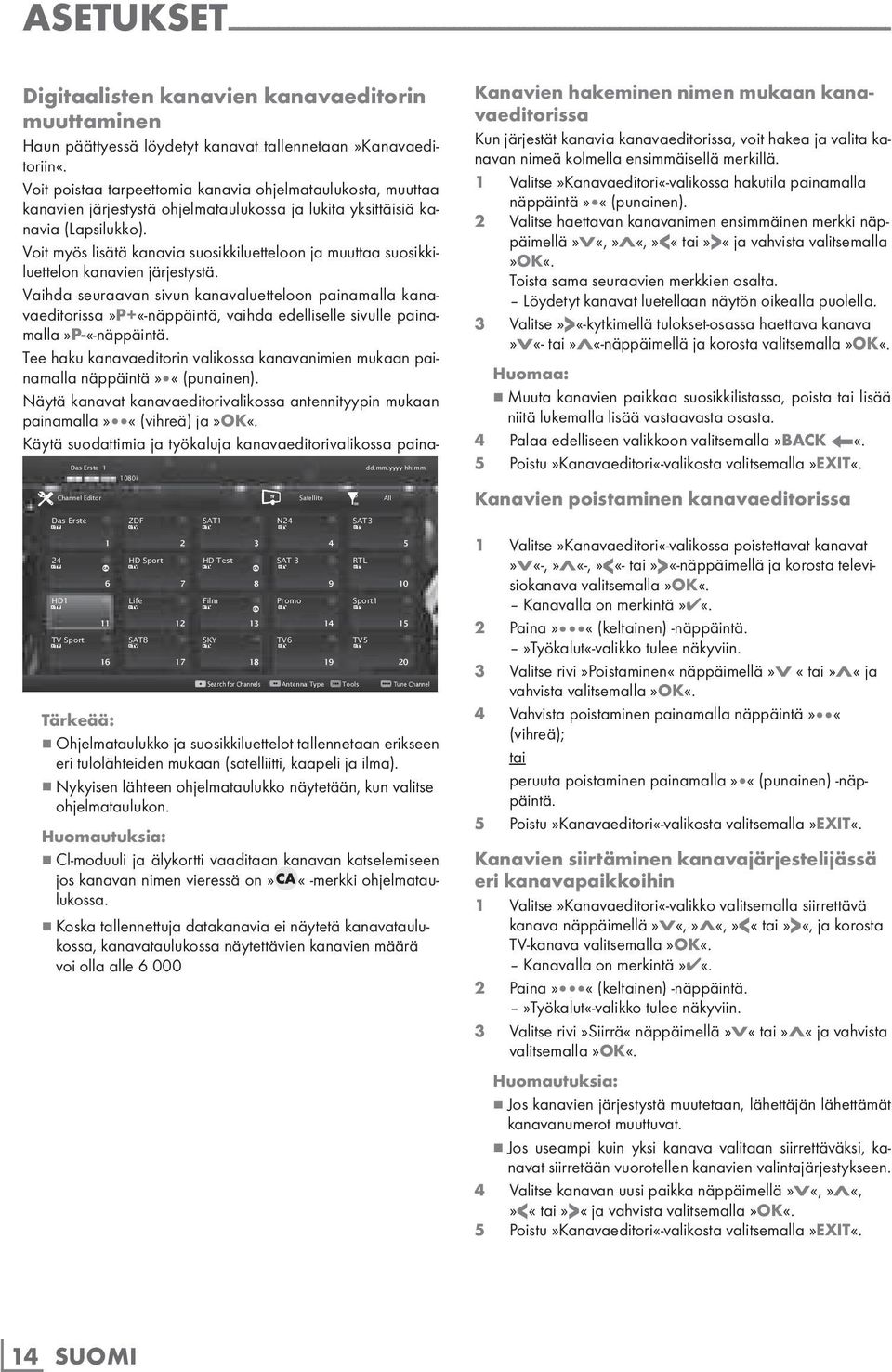 Voit poistaa tarpeettomia kanavia ohjelmataulukosta, muuttaa kanavien järjestystä ohjelmataulukossa ja lukita yksittäisiä kanavia (Lapsilukko).