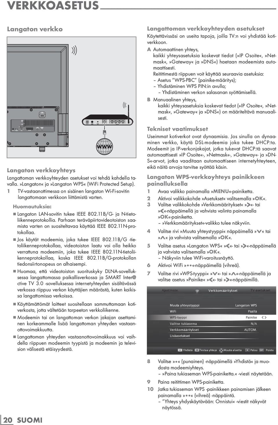 7 Langaton LAN-sovitin tukee IEEE 802.11B/G- ja N-tietoliikenneprotokollia. Parhaan teräväpiirtovideotoiston saamista varten on suositeltavaa käyttää IEEE 802.11N-protokollaa.