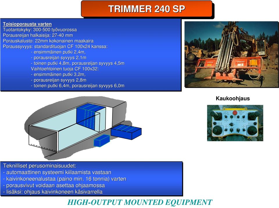 3,2m, - porausreijan syvyys 2,8m - toinen putki 6,4m, porausreijan syvyys 6,0m TRIMMER 240 SP Kaukoohjaus Teknilliset perusominaisuudet: - automaattinen systeemi
