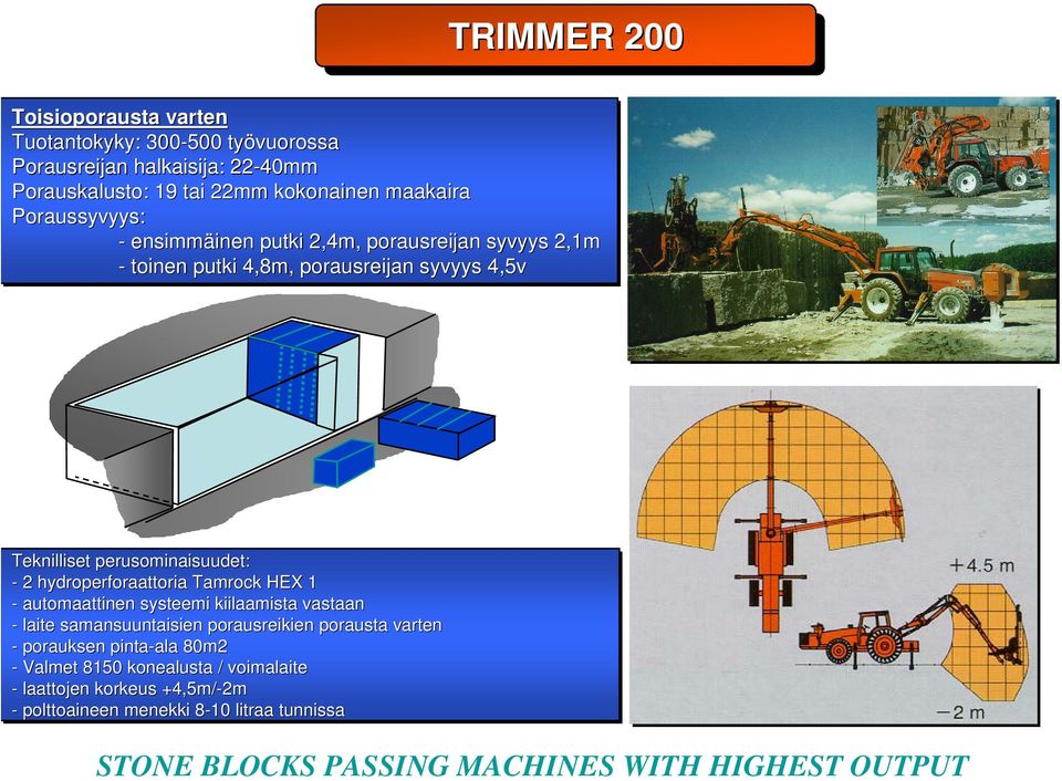 hydroperforaattoria Tamrock HEX 1 - automaattinen systeemi kiilaamista vastaan - laite samansuuntaisien porausreikien porausta varten - porauksen pinta-ala