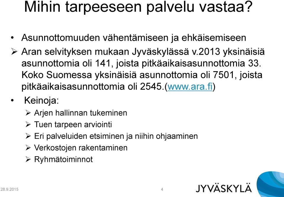 2013 yksinäisiä asunnottomia oli 141, joista pitkäaikaisasunnottomia 33.